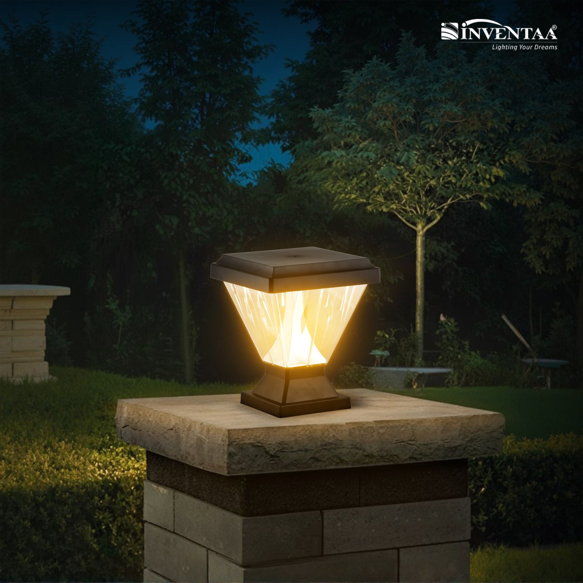 12W LED gate light installed on home entrance pillar glowing warm white — outdoor gate lamp for main gate by Inventaa India