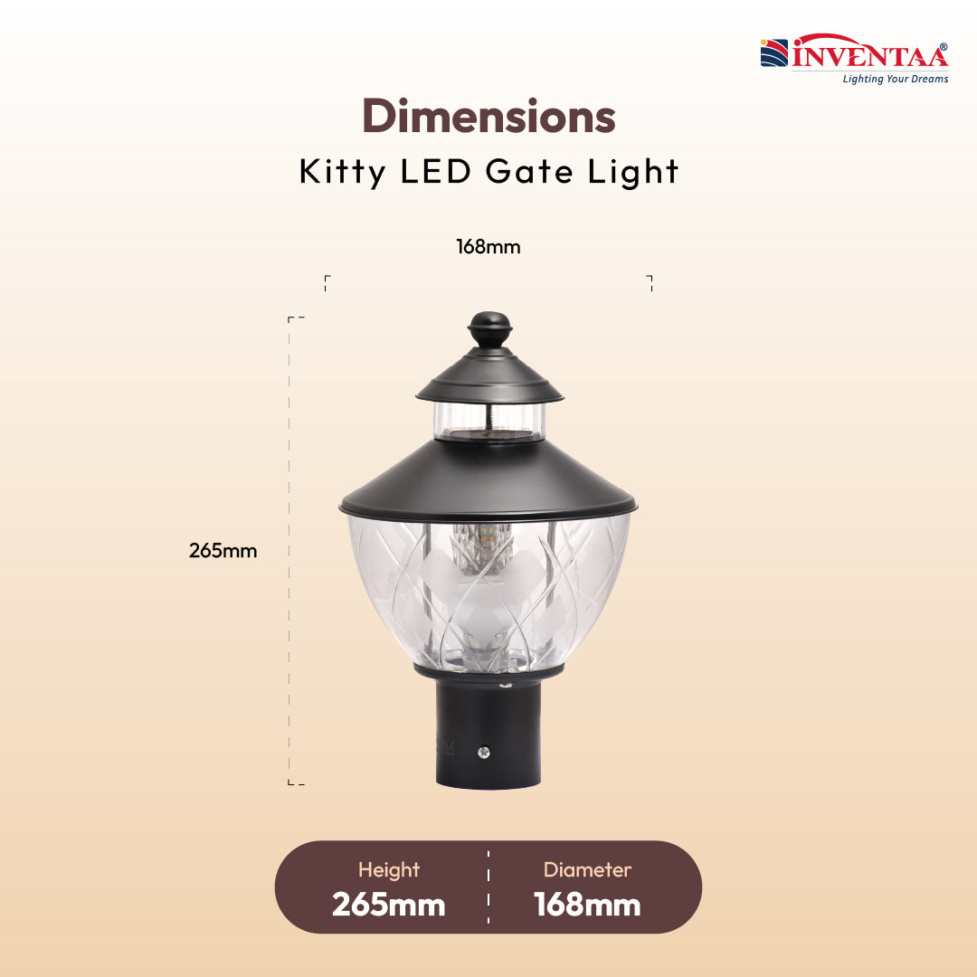 Kitty 10W Fancy Outdoor Gate Light — 3-in-1 LED (Cool-Warm-Neutral) | Waterproof Decorative Gate Pillar Lamp for Home Compound Wall | Inventaa