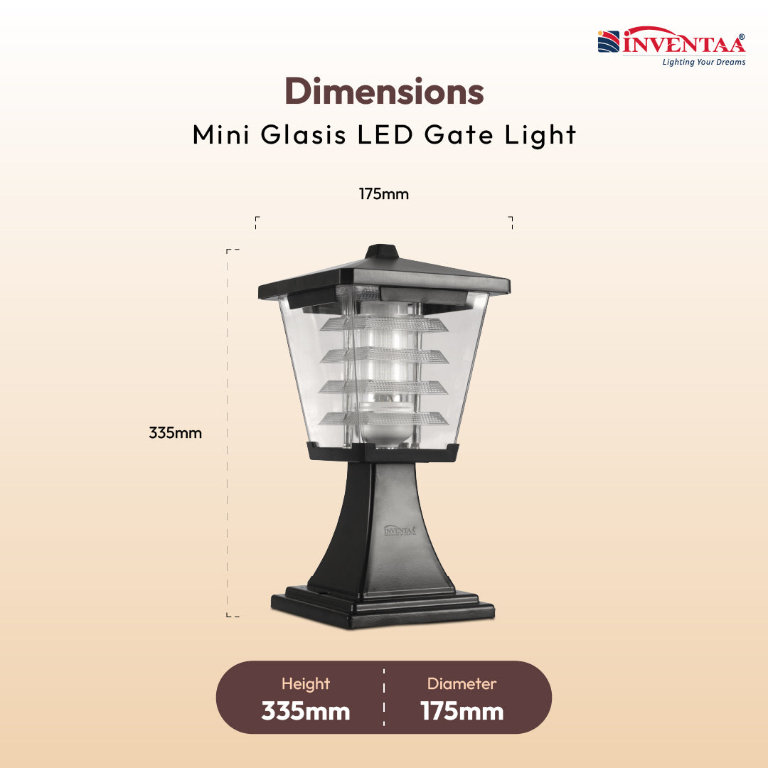Mini Glasis 12W Fancy Outdoor Gate Light — 3-in-1 LED (Cool-Warm-Neutral) | Waterproof Decorative Gate Pillar Lamp for Home Compound Wall | Inventaa