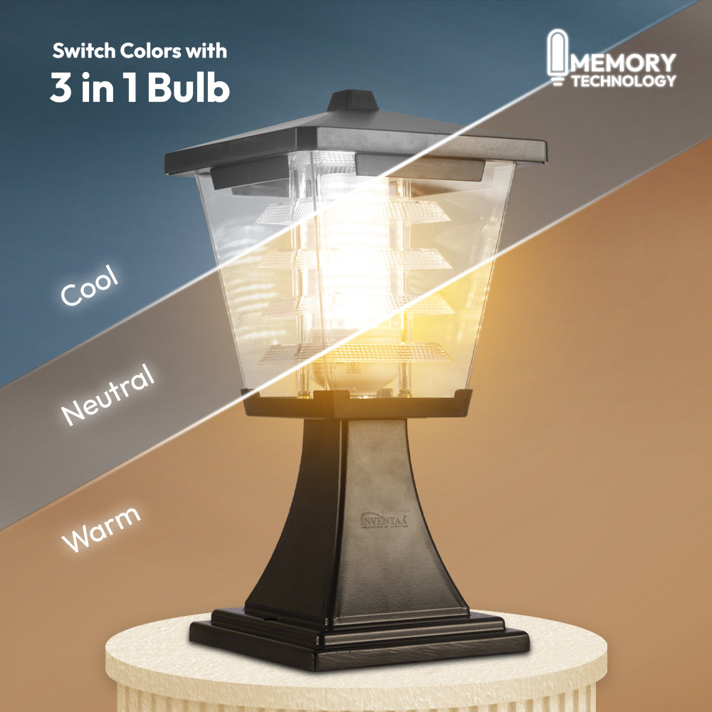 Inventaa Mini Glasis 12W fancy outdoor gate light with decorative glass-look shade — 3-in-1 LED post-top gate pillar lamp for home compound wall, waterproof, made in India