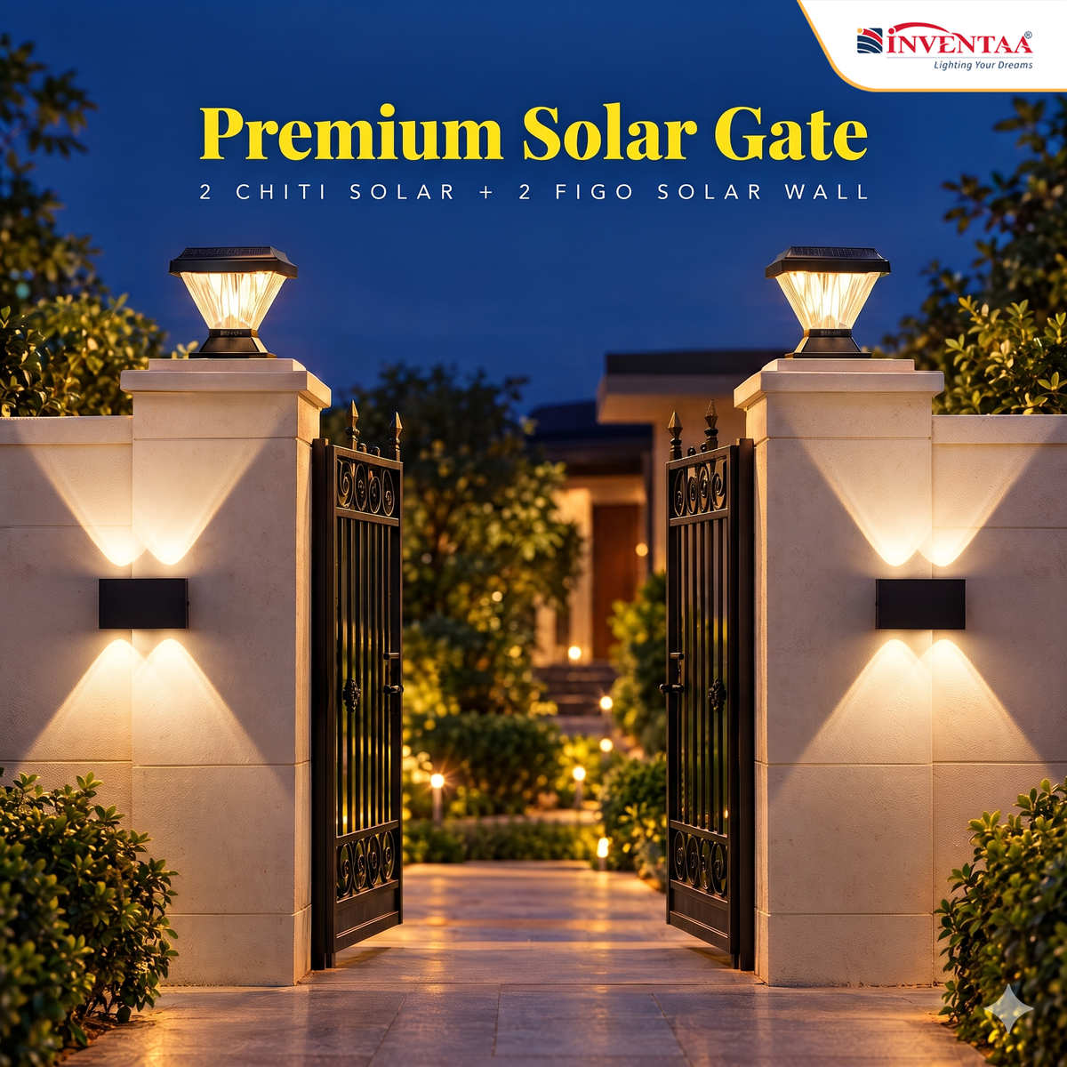 INVENTAA Premium Solar Gate Lighting Combo – 2 Chiti Solar Gate Lights + 2 Figo Solar Wall Lights