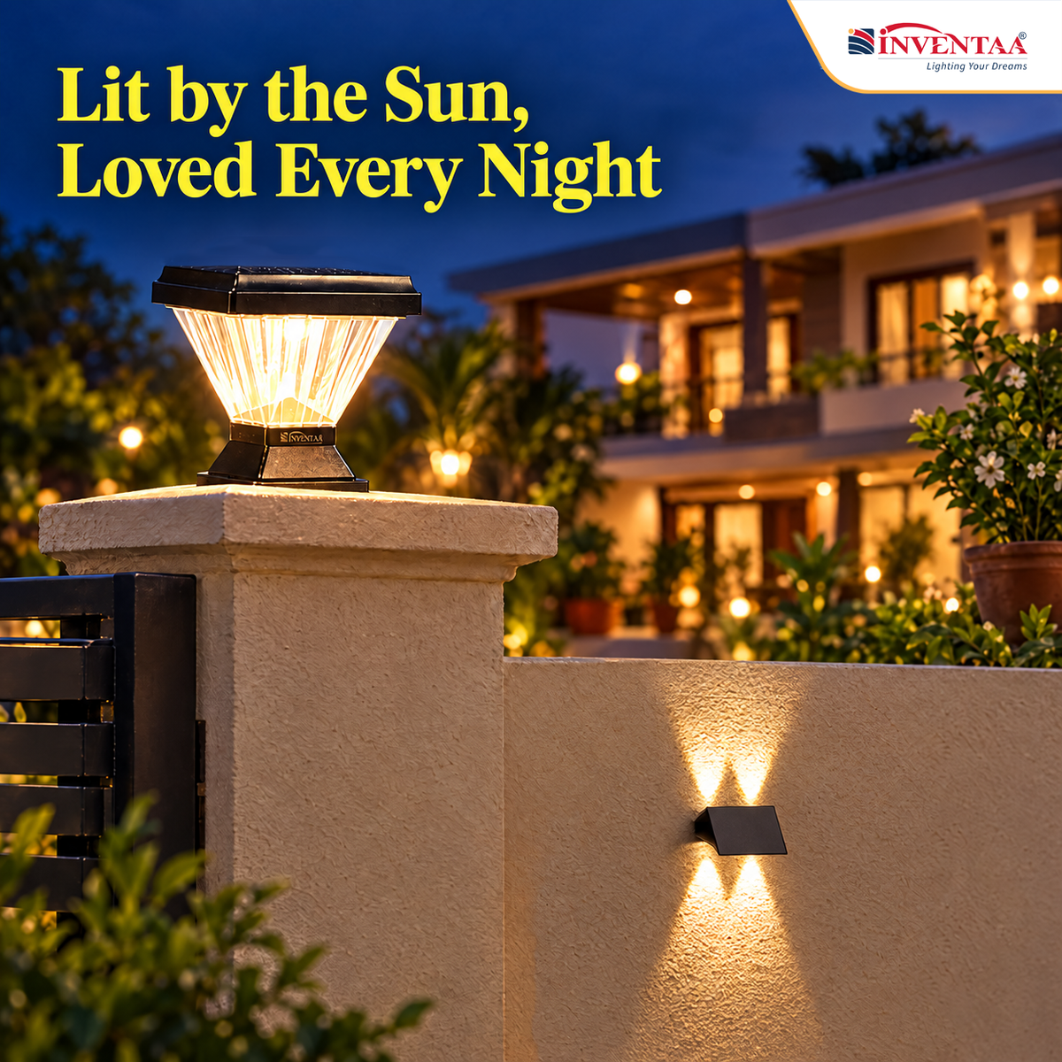 INVENTAA Premium Solar Gate Lighting Combo – 2 Chiti Solar Gate Lights + 2 Figo Solar Wall Lights