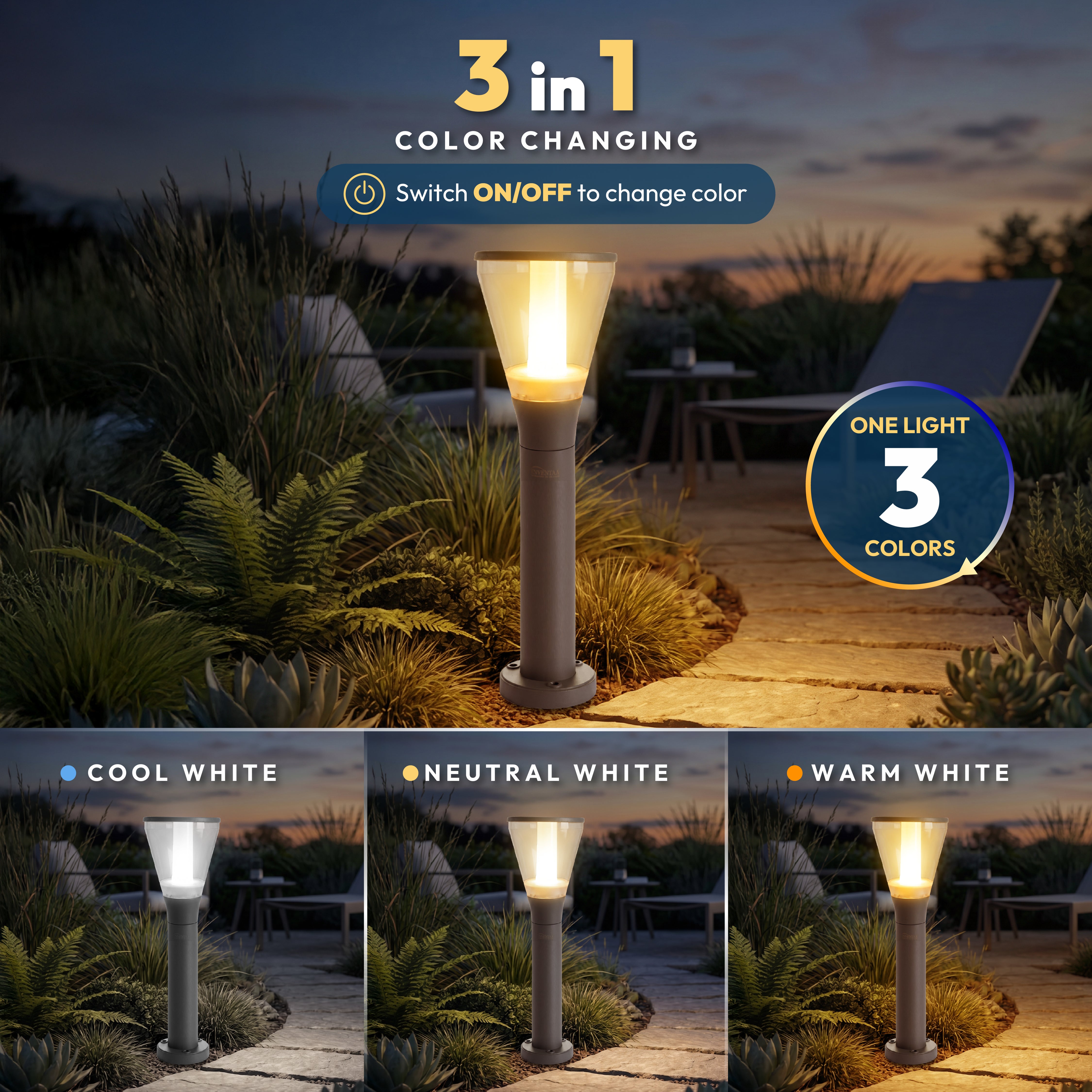 Olivia Stem 3 in 1  LED Bollard Light - INVENTAA Garden Lights