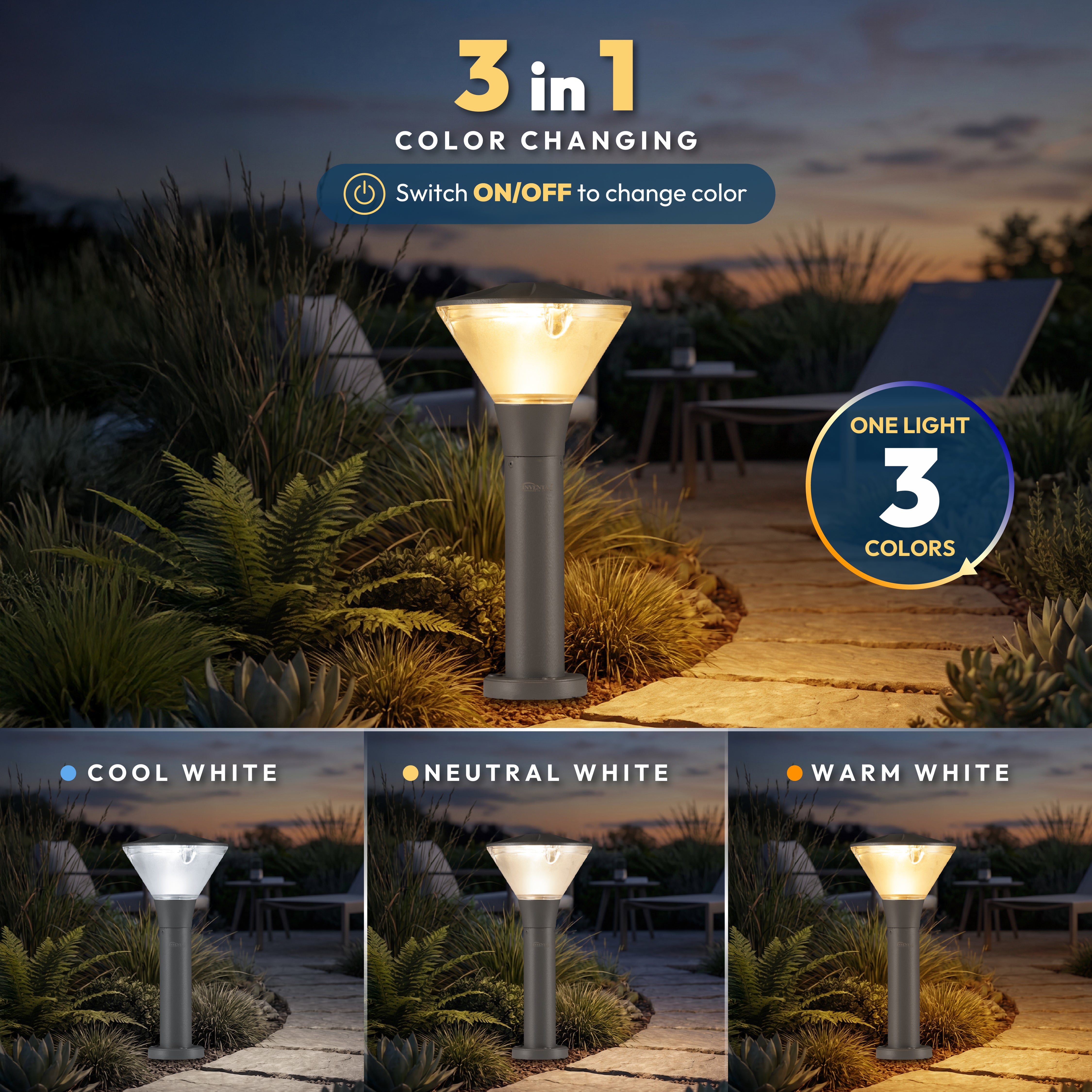 Yash 3 in 1  LED Bollard Light - INVENTAA Garden Lights