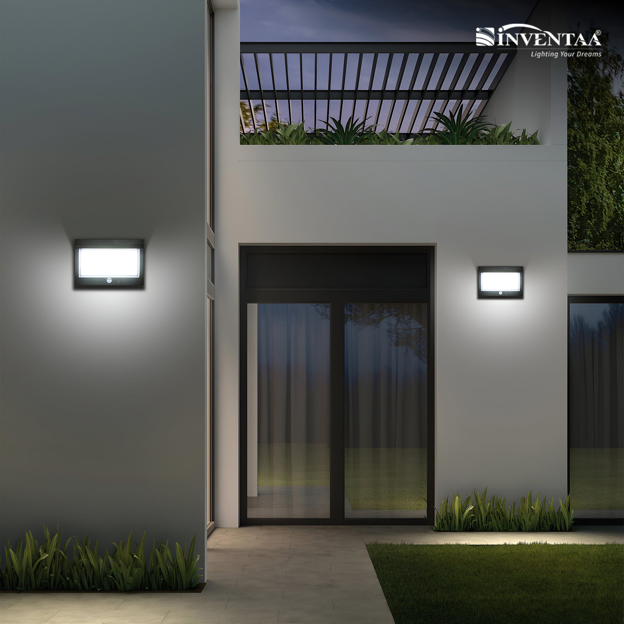 Modern house exterior with two wall-mounted lights on a dark night, featuring the Inventaa brand.