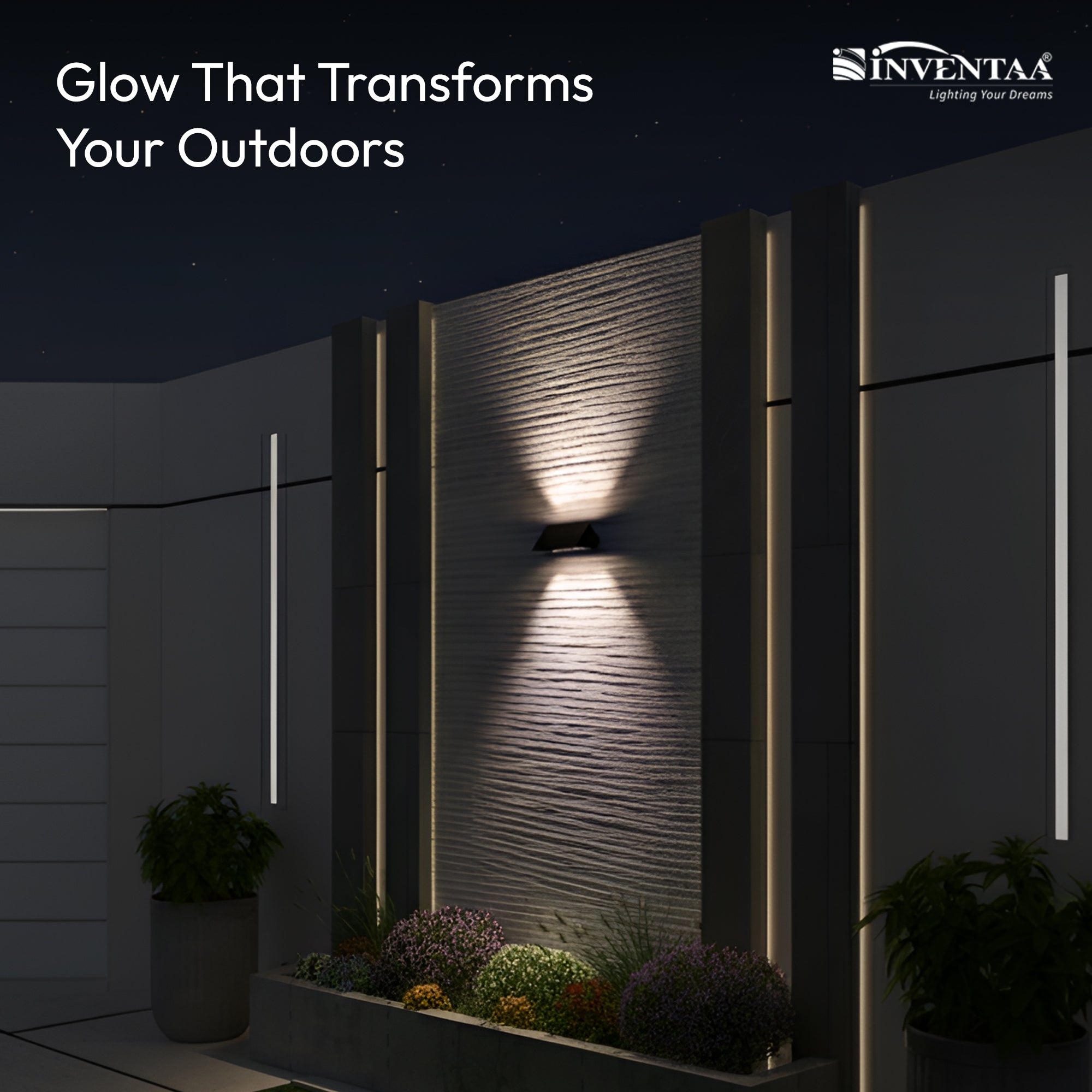 Outdoor wall light fixture on a building exterior with 'Inventaa' branding.