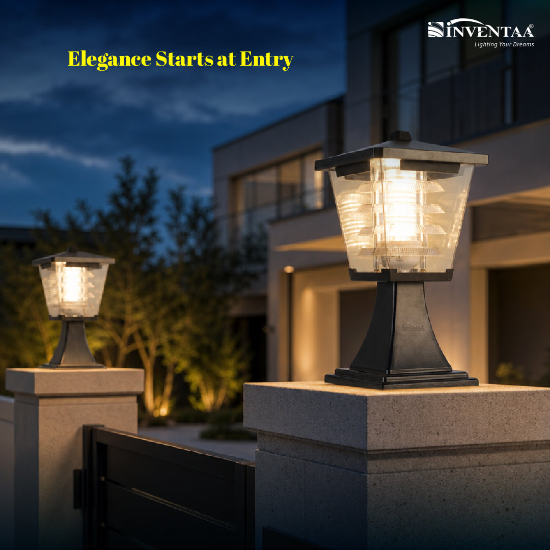 Mini Glasis 12W Fancy Outdoor Gate Light — 3-in-1 LED (Cool-Warm-Neutral) | Waterproof Decorative Gate Pillar Lamp for Home Compound Wall | Inventaa