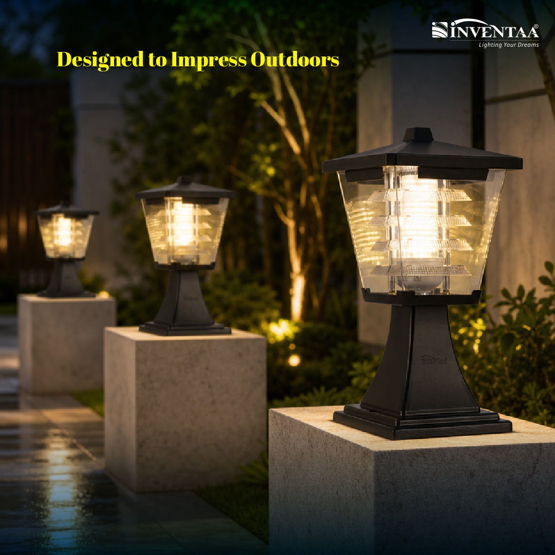 Mini Glasis 12W Fancy Outdoor Gate Light — 3-in-1 LED (Cool-Warm-Neutral) | Waterproof Decorative Gate Pillar Lamp for Home Compound Wall | Inventaa