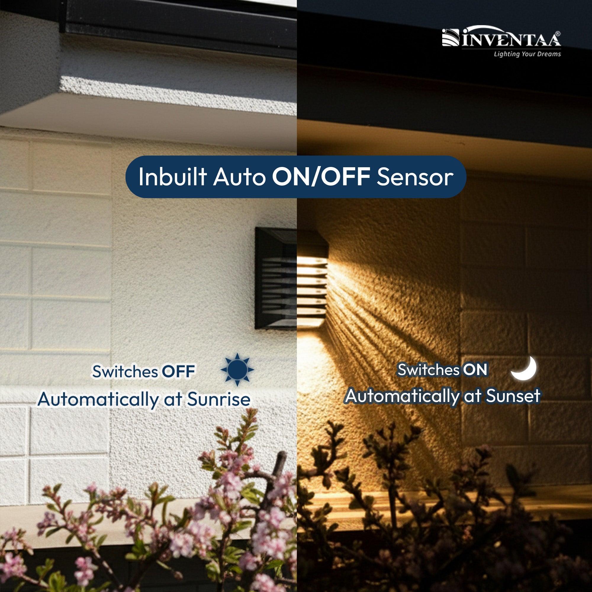 Inventaa outdoor light fixture with auto on/off sensor functionality, shown during day and night.