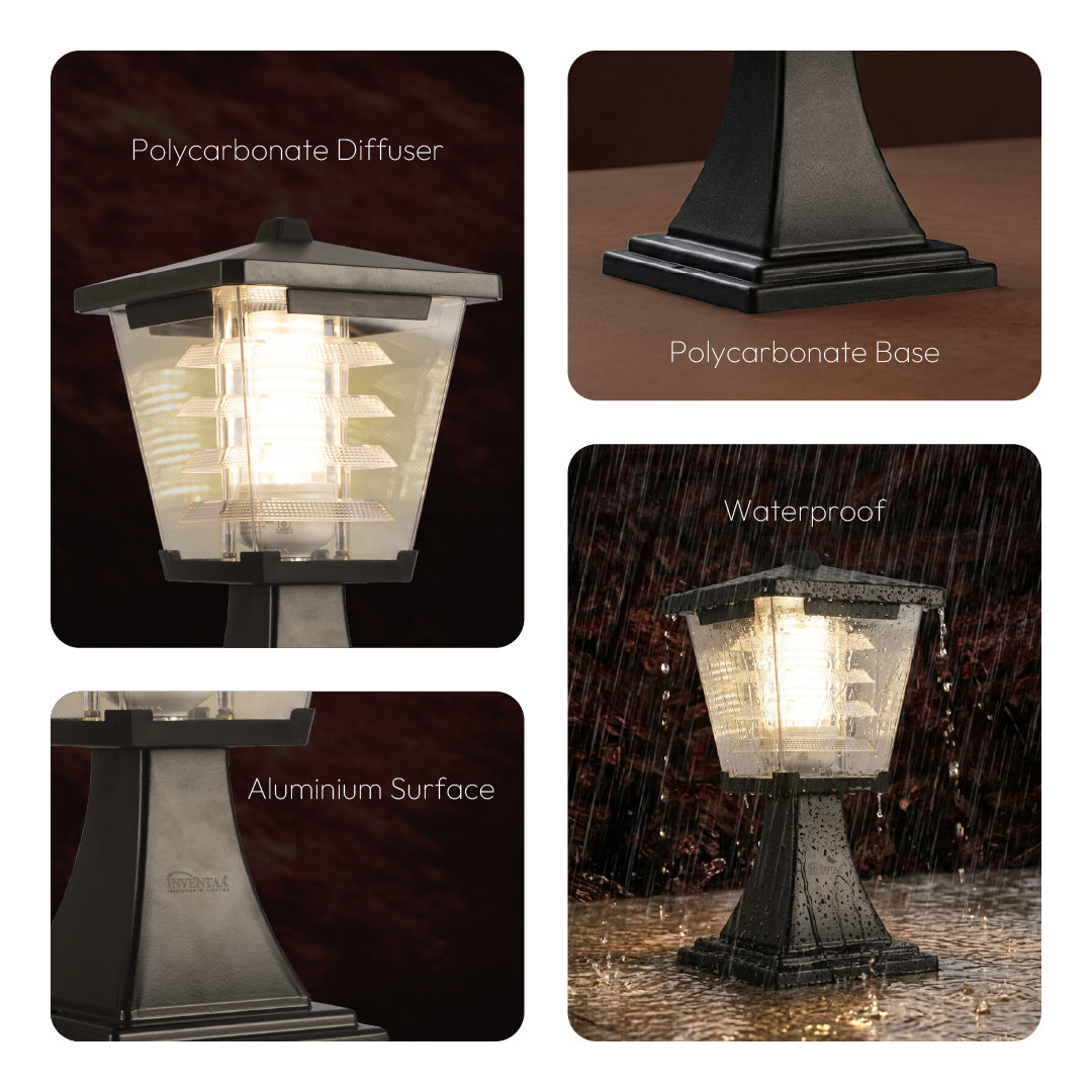 Mini Glasis 12W Fancy Outdoor Gate Light — 3-in-1 LED (Cool-Warm-Neutral) | Waterproof Decorative Gate Pillar Lamp for Home Compound Wall | Inventaa