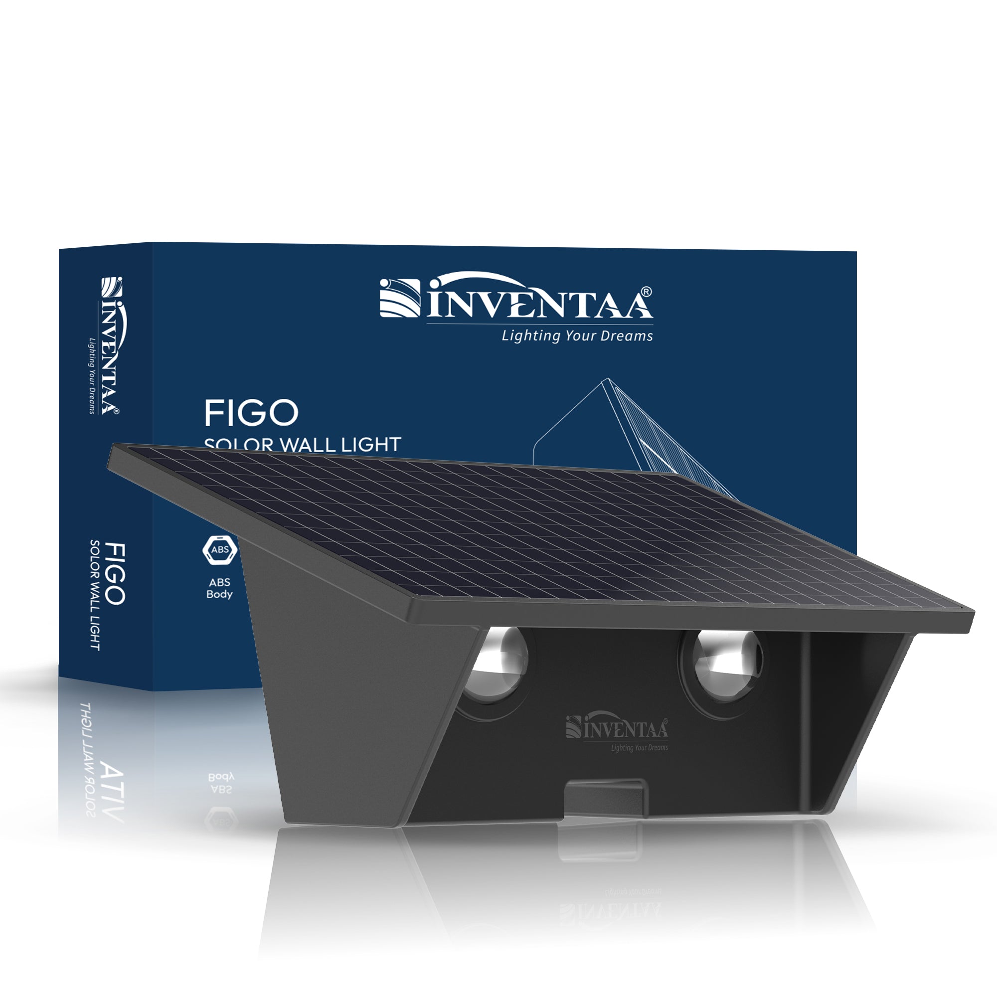 Black solar wall light with Inventaa branding on a white background