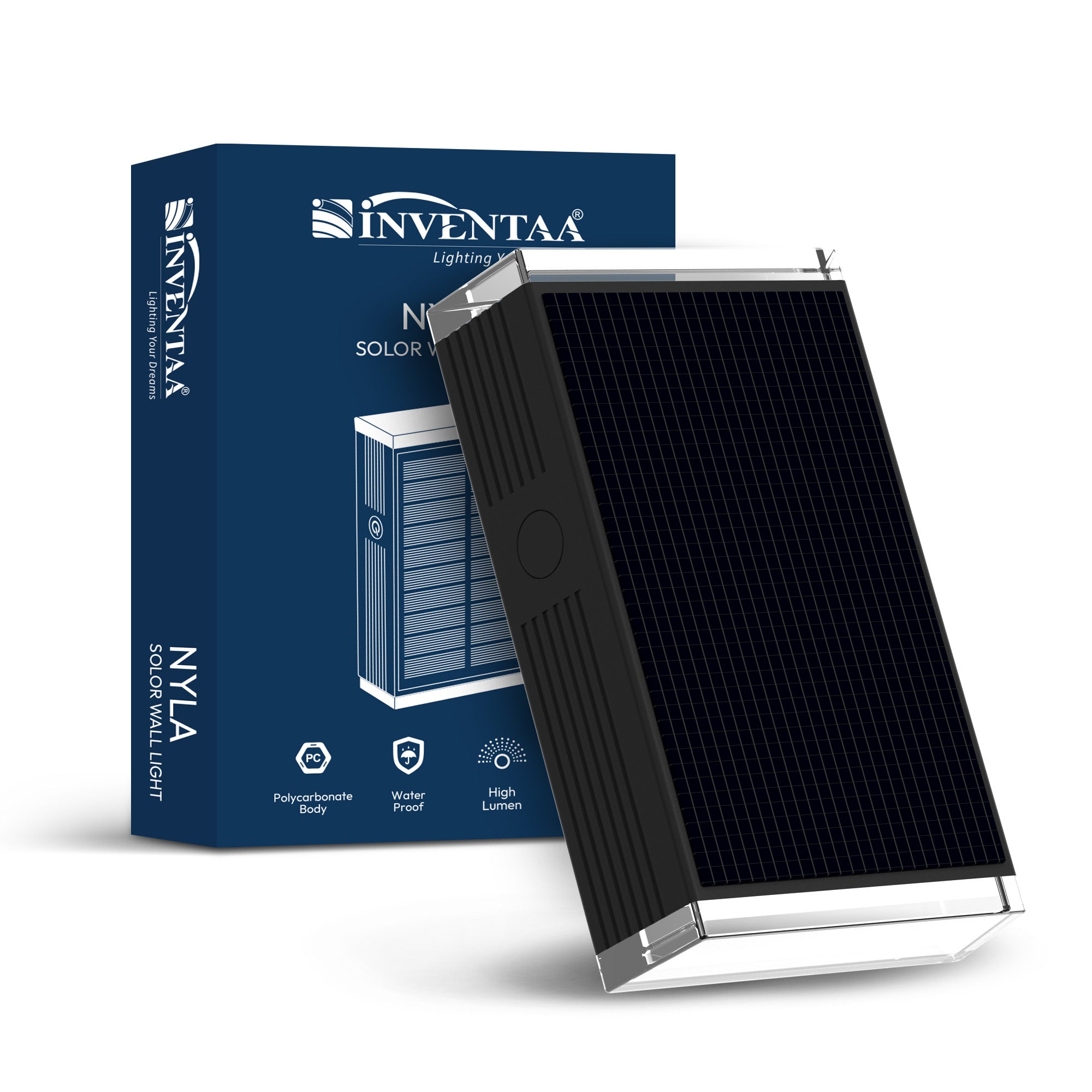 Solar panel with Inventaa packaging on a white background