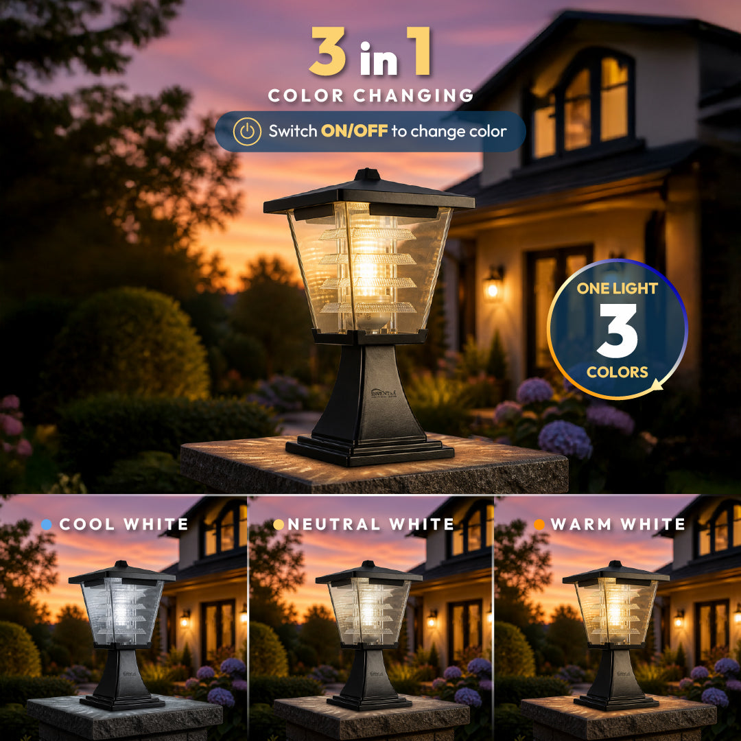 A 3-in-1 color-changing outdoor solar lantern shown in a front yard at dusk, with text indicating it switches on/off to change color and a badge saying one light, three colors. Three smaller panels at the bottom show the light output labeled cool white, neutral white, and warm white.