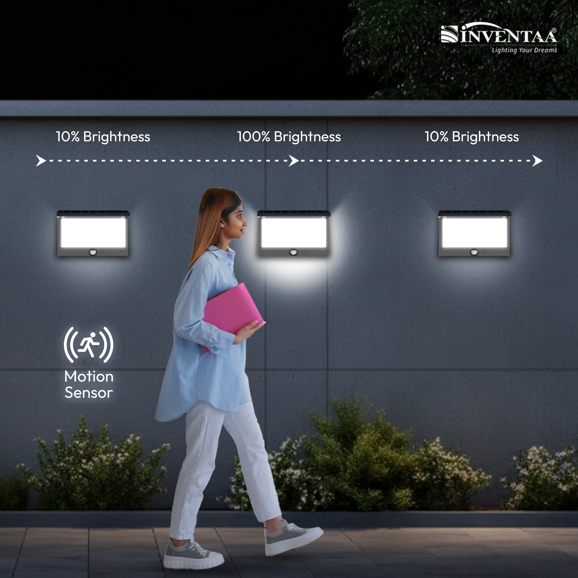 Woman walking past motion sensor lights with 'Inventaa' branding.