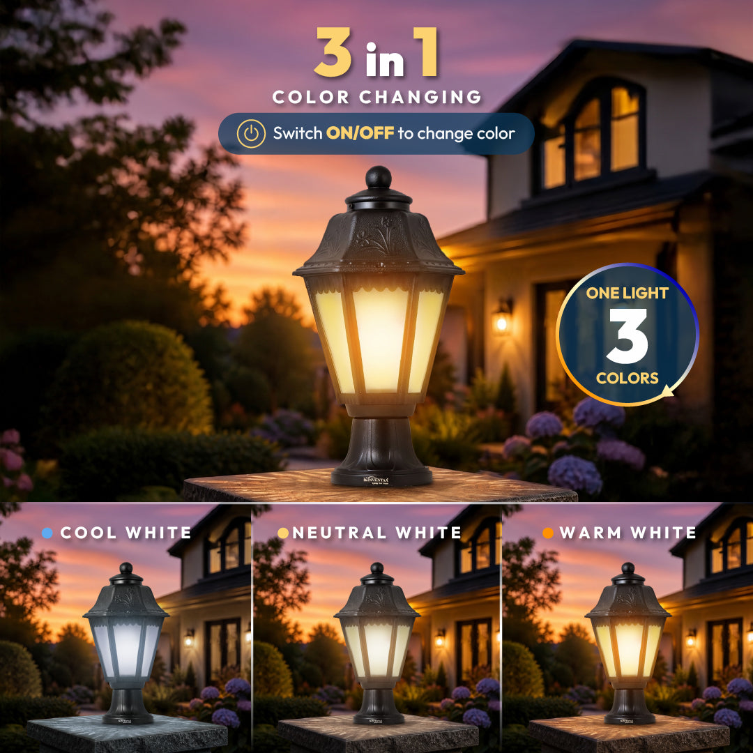 A 3-in-1 color-changing outdoor solar landscape light shown in a front yard at dusk, with text overlays indicating it switches on/off to change color and emits three light colors. The bottom features three panels showing the light output in cool white, neutral white, and warm white.