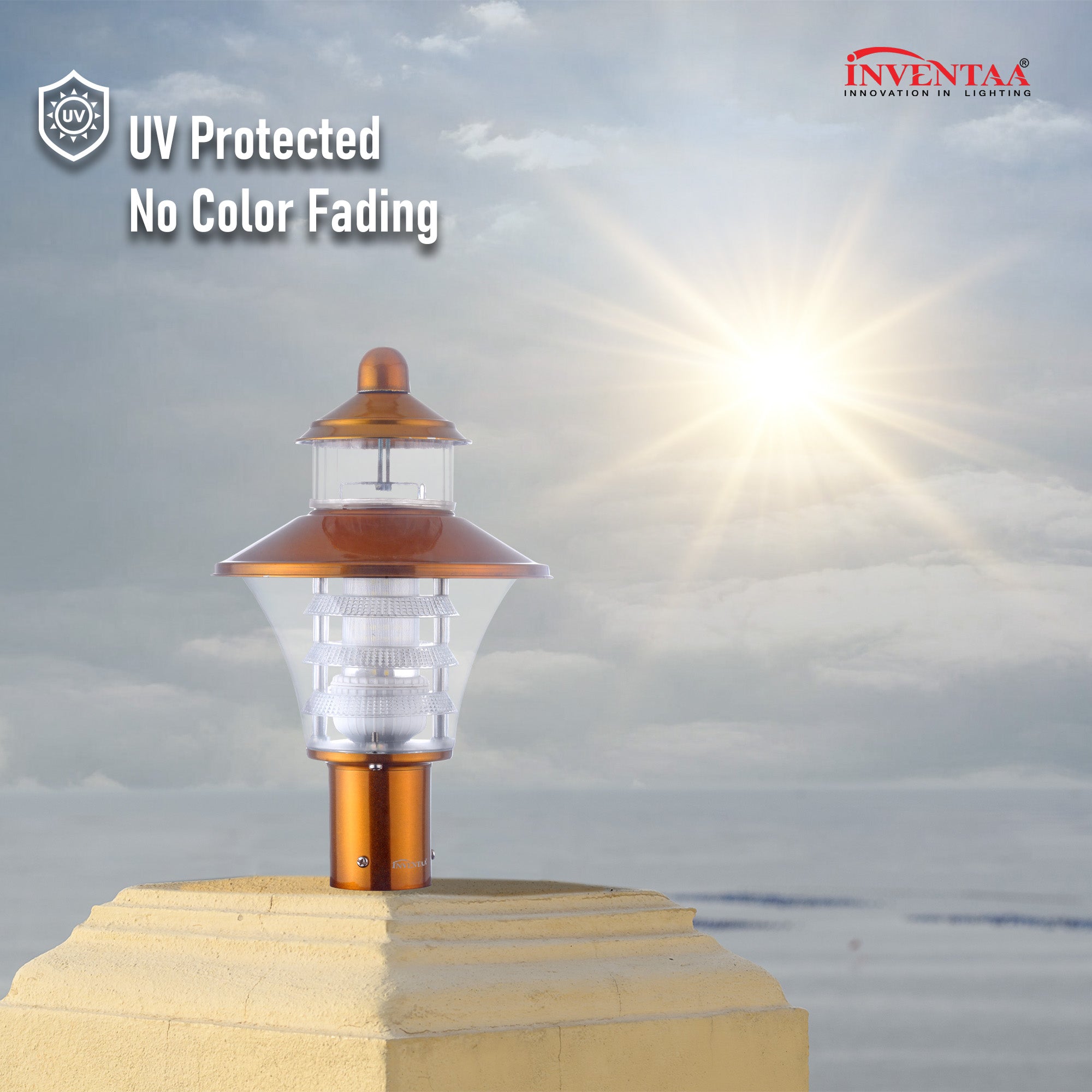 UV protected antique gate light with durable compound pillar design | Best LED Gate Light Model Online at affordable price Online #color_Gold Trio Luv Clear