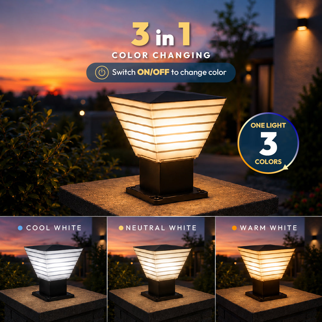 A 3-in-1 color-changing outdoor solar post light shown at dusk, with a large main view and three smaller inset views showing cool white, neutral white, and warm white lighting modes. Text overlays read '3 in 1 COLOR CHANGING' and 'ONE LIGHT 3 COLORS'.