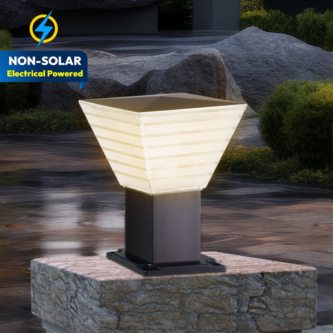 Decorative outdoor light fixture on a stone pedestal with 'Non-Solar Electrical Powered' label.