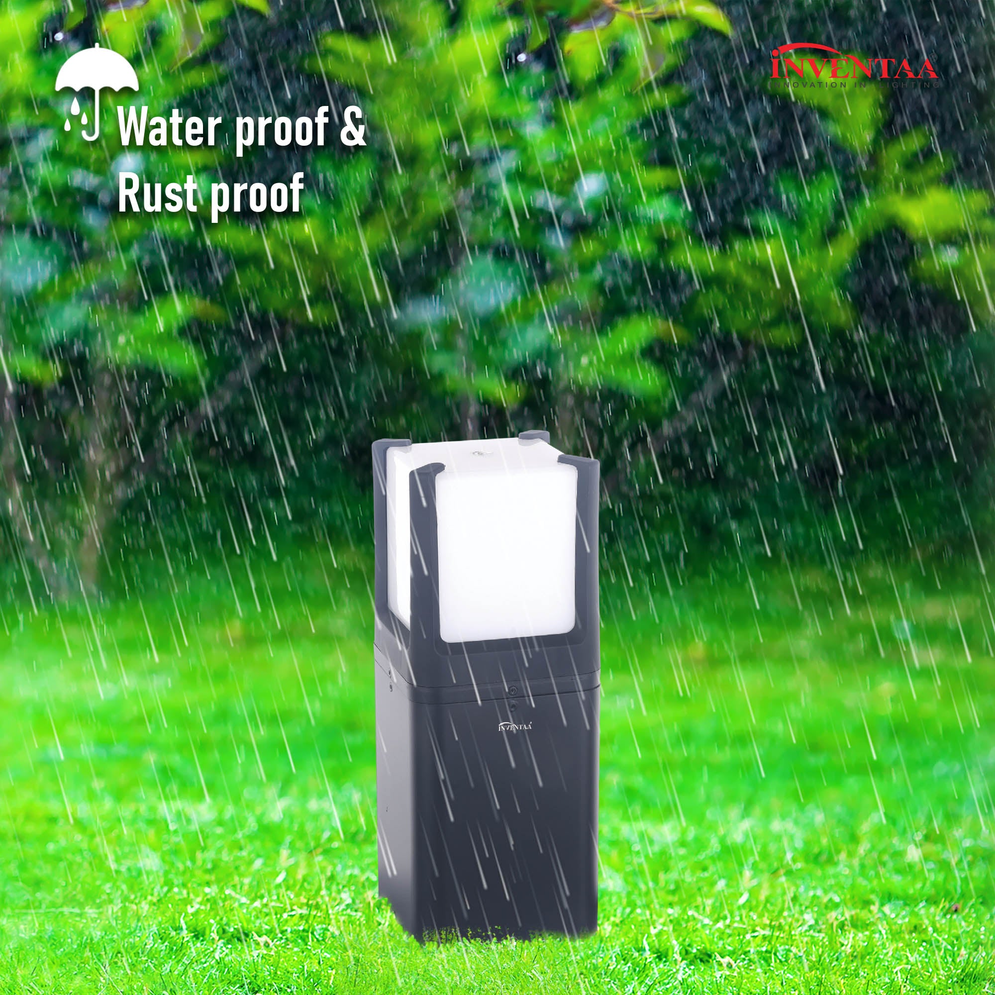 Waterproof Cuba LED bollard garden light installed in outdoor lawn area showing IP rating