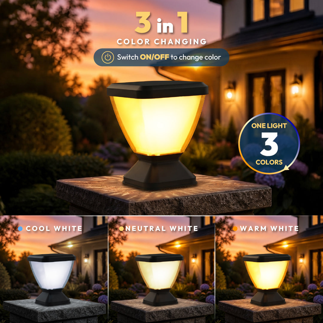 A 3-in-1 color-changing solar outdoor light fixture shown lit on a stone post in a garden at dusk, with text indicating it switches ON/OFF to change color and three smaller panels showing cool white, neutral white, and warm white modes.
