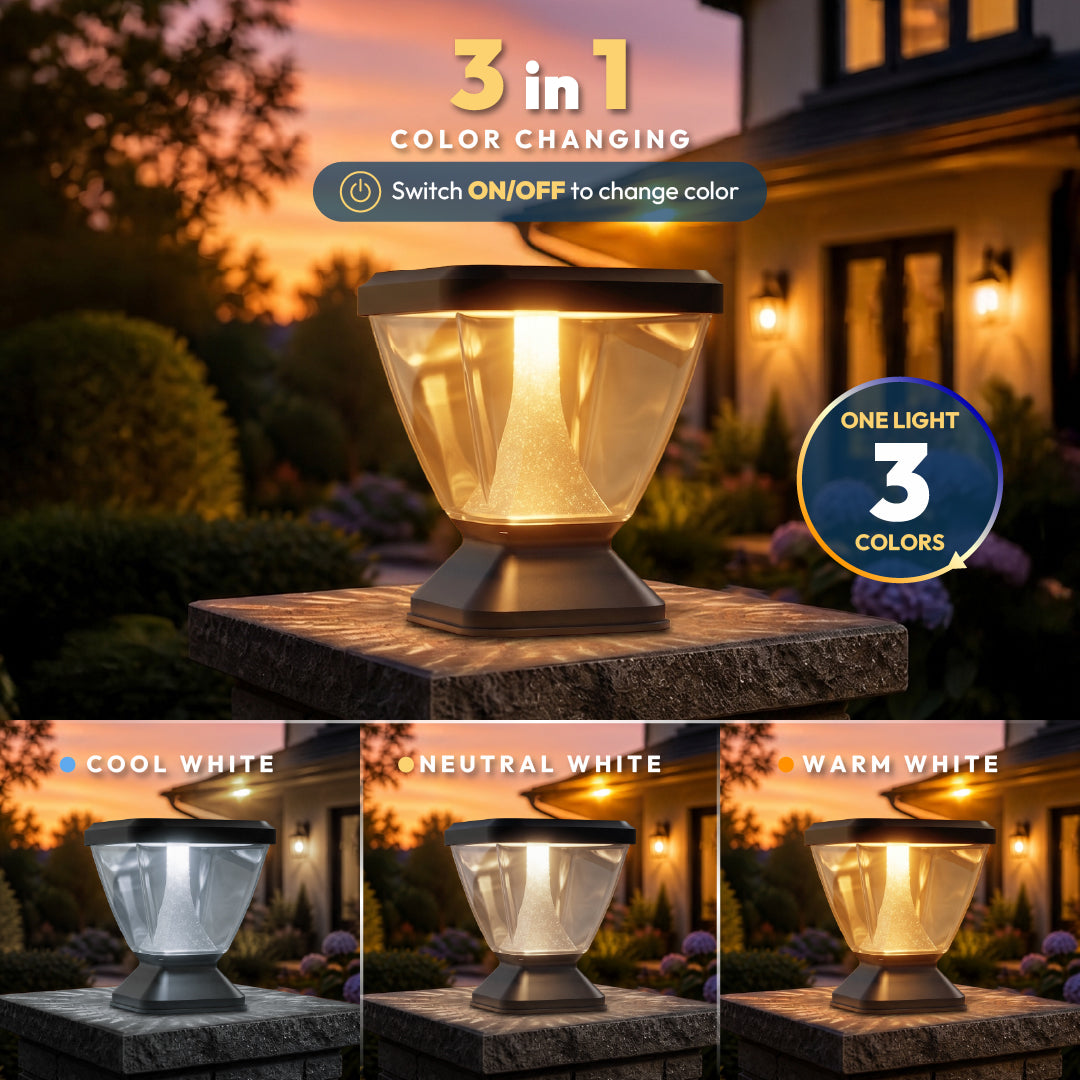 A 3-in-1 color-changing outdoor solar light fixture shown lit on a stone post in front of a house at dusk. The main product is centered, with text reading '3 in 1 COLOR CHANGING' and a badge saying 'ONE LIGHT 3 COLORS.