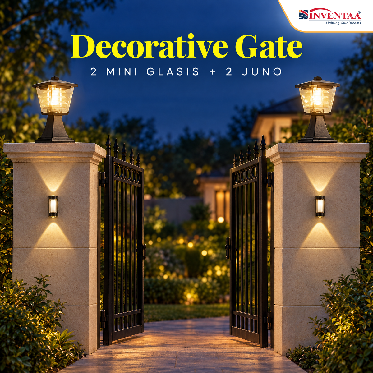 INVENTAA Decorative Gate Lighting Bundle – 2 Mini Glasis 12W Warm White Gate Lights + 2 Juno 4W Up-Down Wall Lights