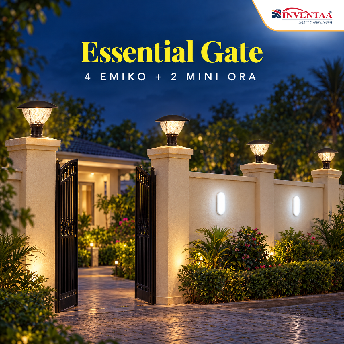 INVENTAA Essential Gate Bundle | 4 Emiko Gate Lights (Without Bulb) + 2 Mini Ora 10W LED Bulkhead Lights